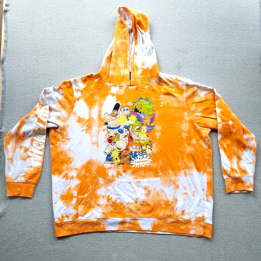 Nickelodeon Hoodie Mens‎ 2XL Orange Tie Dye Graphic 90s Nicktoons Sweatshirt